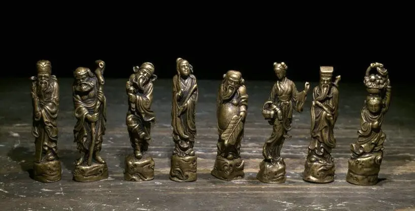Old Chinese Folk Myth Bronze Taoism 8 Eight Immortals God Statue Sculpture Set FOLK ART Collection