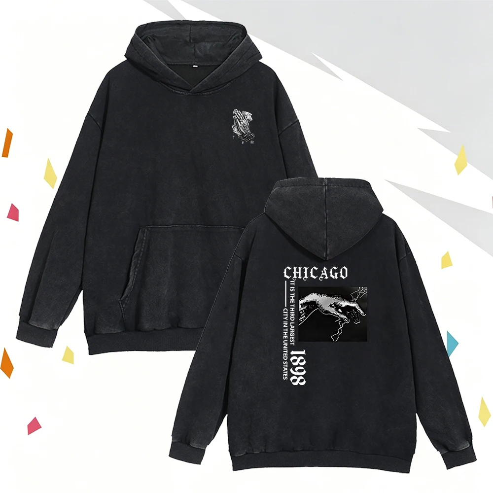 Black Vintage Washed Hoodie Men Retro Distressed Pullover Streetwear Casual Pocket Long Sleeve City Letter Praying Hand Print