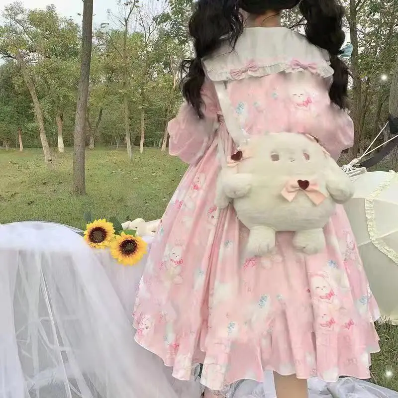 KOSAHIKI New Kawaii Japanese Lolita Vintage Dress Lamb Printing   Women Soft Girl Style Cute Princess Lace