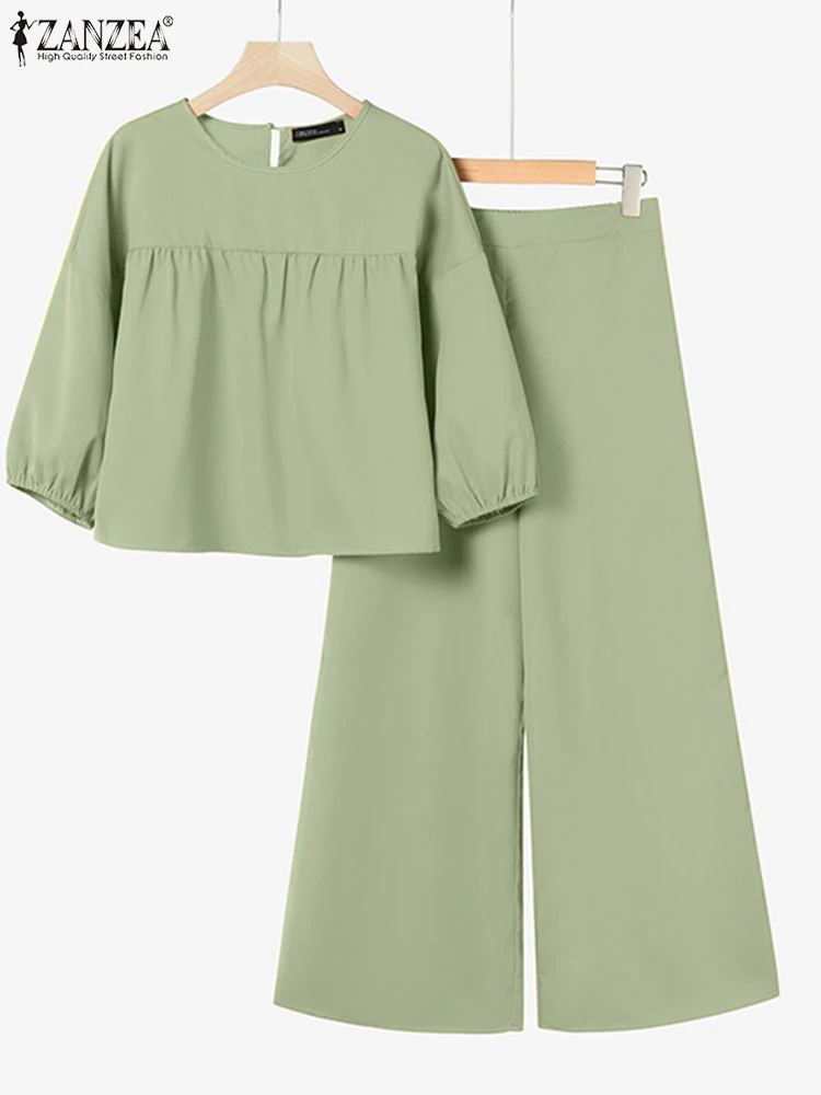 

ZANZEA Casual Loose Chic Pant Sets Women's Lantern Sleeve O-Neck Short Tops Wide Leg Pants 2PCS Outfits Solid Color Tracksuits
