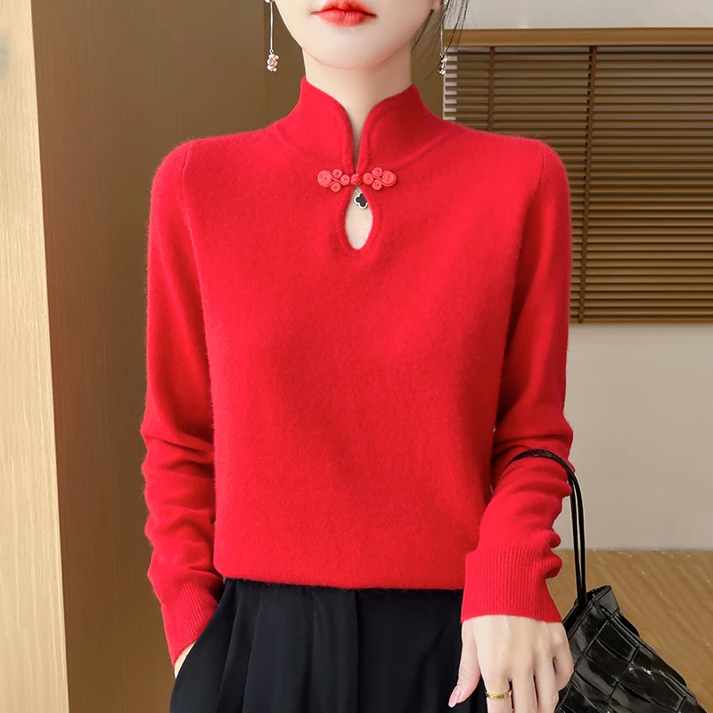 New Chinese Style Wool Knitted Women's Autumn And Winter Stand Collar Fashion Temperament Pullover Sweater ZD-3012