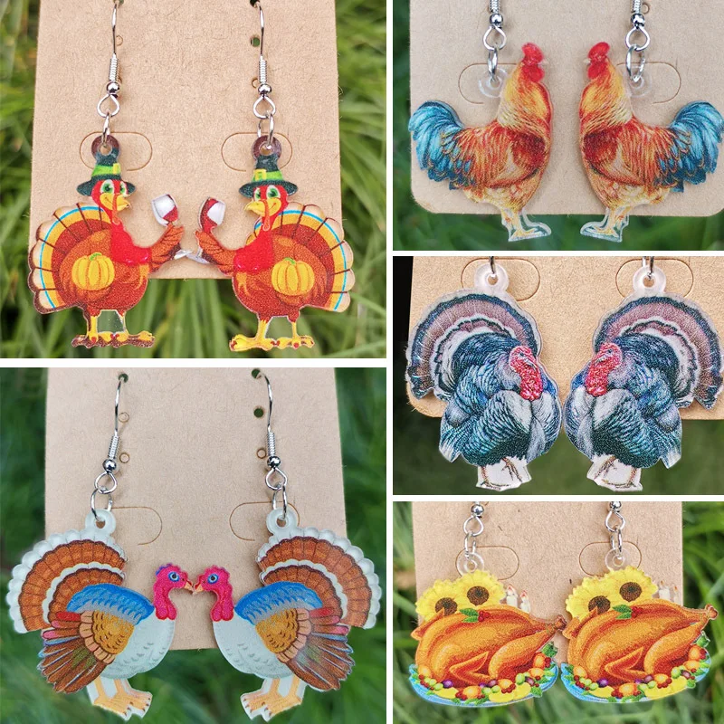 2023 Acrylic Earrings Thanksgiving Turkey Celebration Party Autumn Hen Pumpkin Jewelry for Women Girl