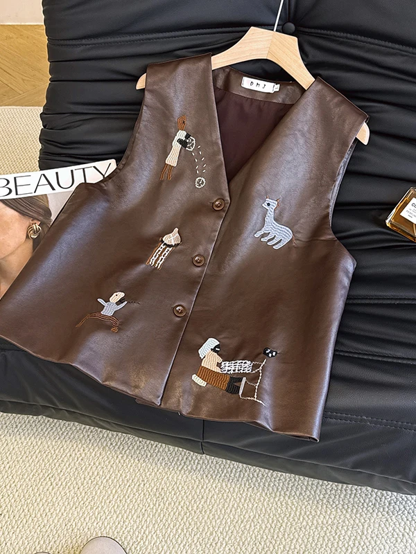 Casual Loose Fashion V-Neck Leather Jacket Women Heavy Embroidery Sleeveless Top Women Autumn New Arrival Premium Quality