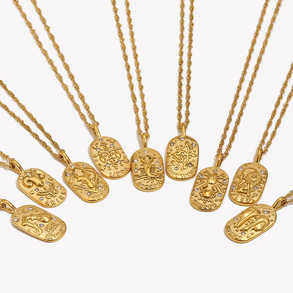E.B.belle 2024 Fashion Casting Zircon Zodiac Sign Bright Necklace For Woman Neck Jewelry Stainless Steel Constellation Necklaces