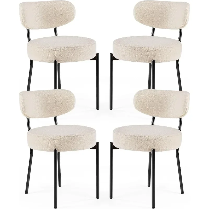 

Dining Chairs Set of 4, Boucle Upholstered Kitchen Chairs with Curved Backrest & Metal Legs, Mid Century Modern Round