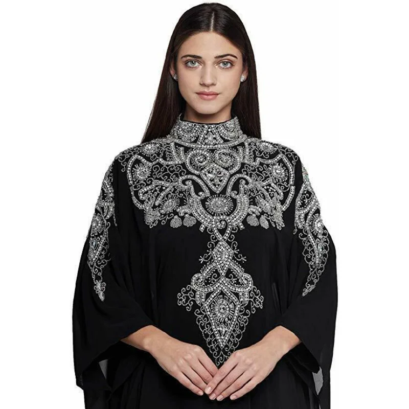 Black Kaftan Abaya Hijab Long Sleeved Zari Work Embroidery Islamic Long Dress Fashion Trend In Europe and America