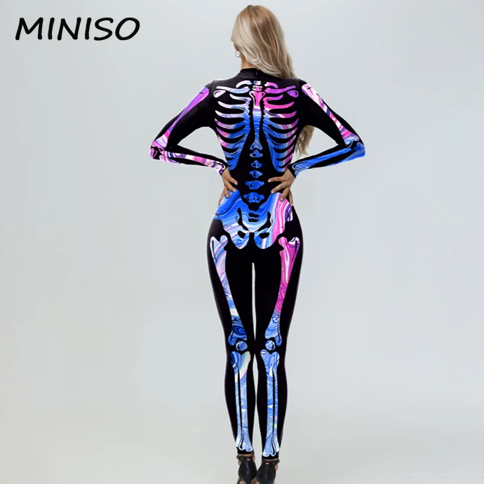 MINISO Mehrfarbige Punk Skeleton Cosplay Kostüme Overall Sexy Frauen Menschlichen Schädel Druck Zentai Anzüge Karneval Party Body