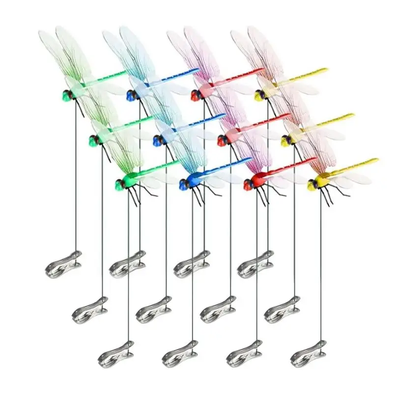 

12Pcs Simulation Dragonfly Clip Bug Deterrent Pole Clips Ons Outdoor Garden Statues Three Piece Suit