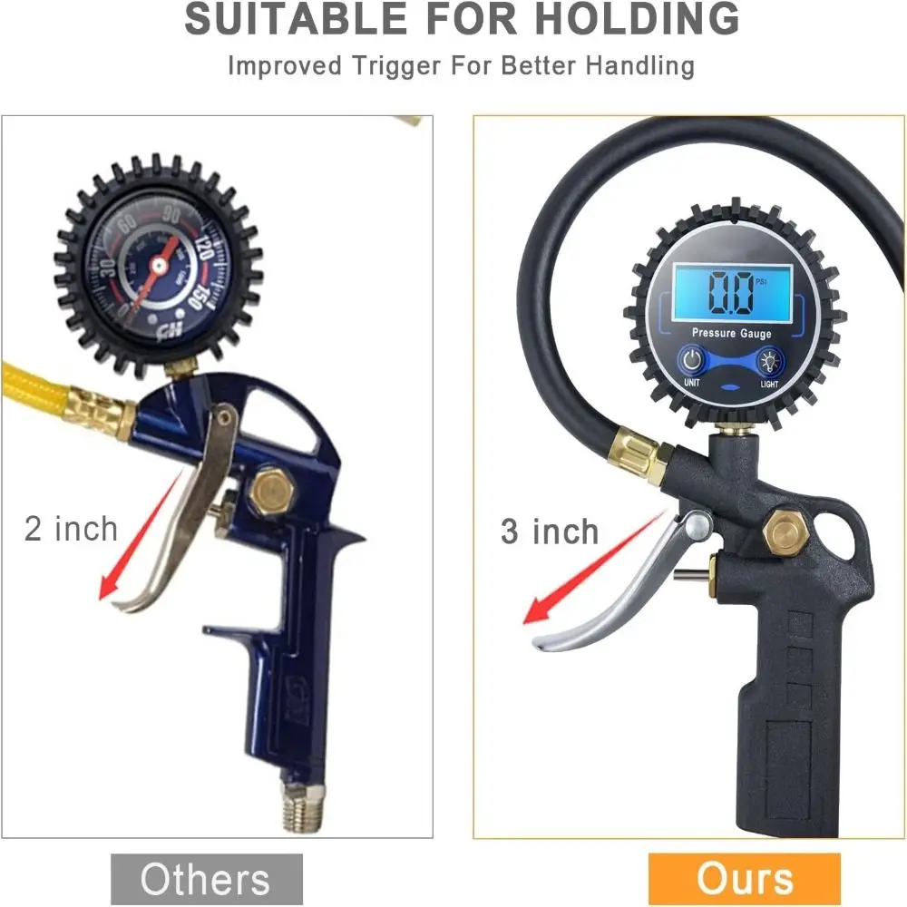 Aksesori Kompresor Pengukur Tekanan Ban Digital Chuck Udara 250 PSI Resolusi Tampilan 0.1 Inflator Ban Otomatis