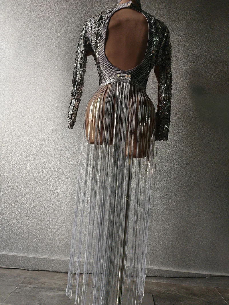 لامعة الماس شرابة الاجتماع السنوي المضيف بار ملهى ليلي أداء الملابس مثير فستان بكم طويل Vestidos De Boda Para Fiestas