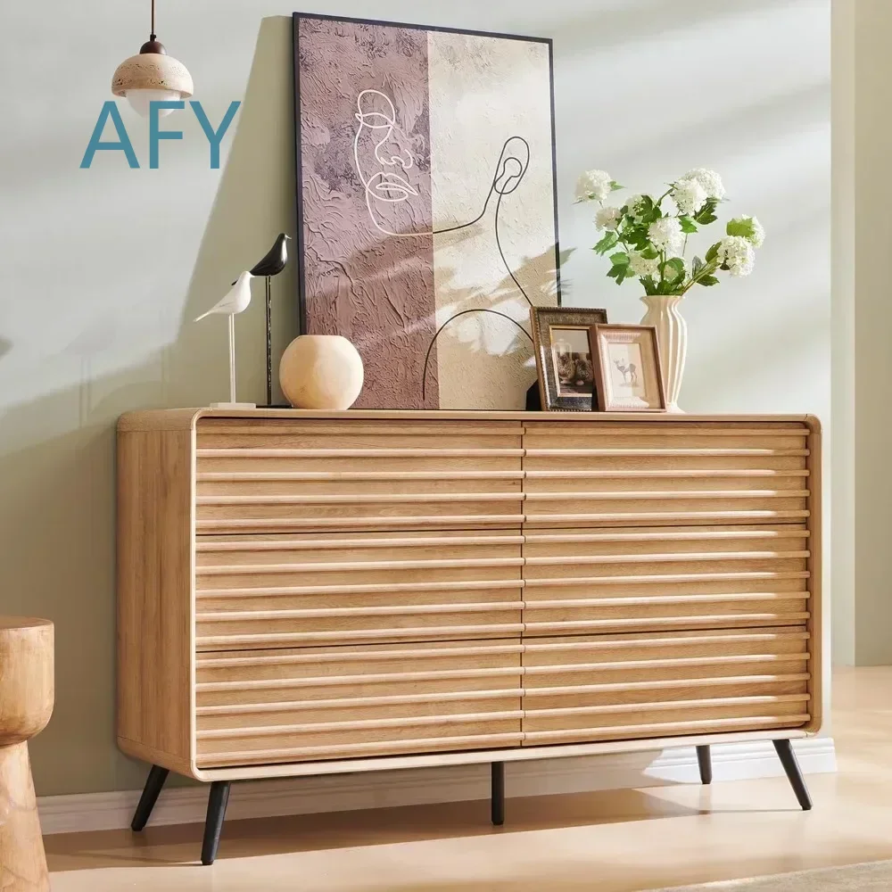 6 Drawers Dresser for Mid Century Modern Bedroom Furniture Minimalist Chest with Tapered Legs Fluted Wood Design 54 Inch Wide