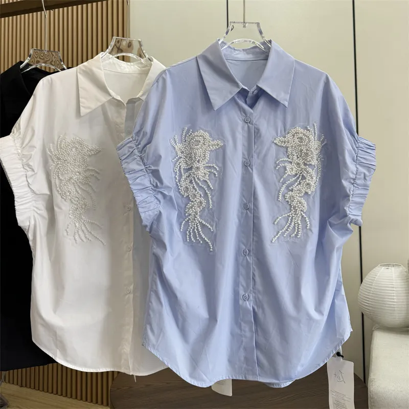 

Women Heavy Beaded Embroidered Shirt Oversized Blouse Elastic Cuff Loose Fit Button Up Fashion Casual Top