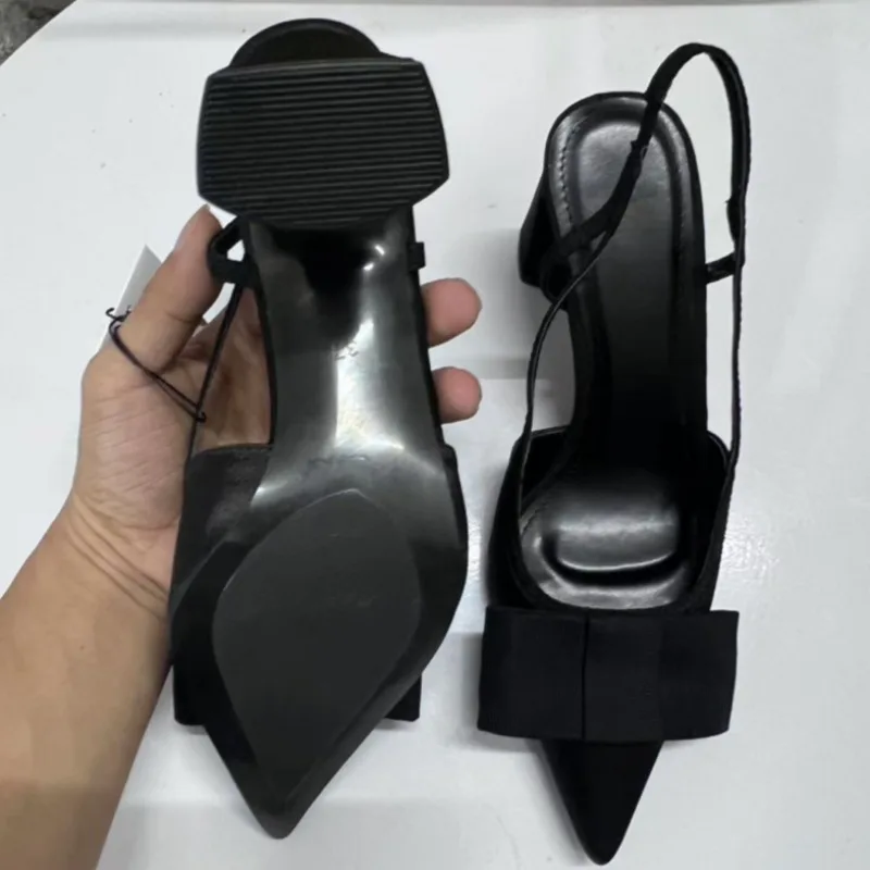 Pointed Toe Women\'s Office Shoes 2025 Spring Black Retro Bow Decoration High Heels Shallow Slingbacks Elegant Ladies Pumps