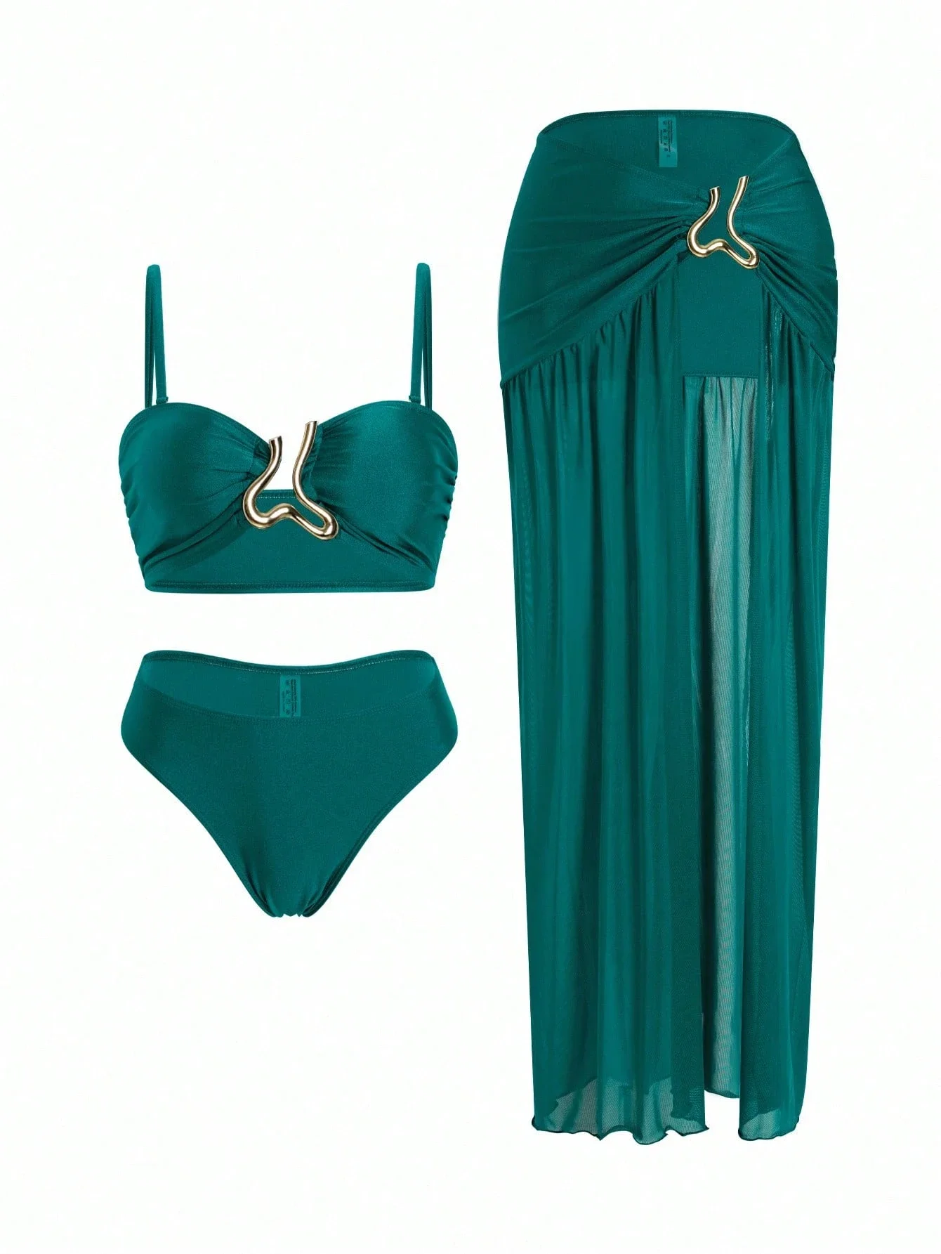 

3pcs Women Solid Color Bikini Set With Metal Decor Adjustable Strap Bandeau Top High Waist Skirt Beach Resort Style