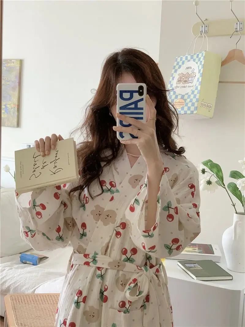 Kimono Women\'s Pajamas Robe Mid Length Spring Autumn Long Sleeve Cute Pyjamas Pyjama Evening Gown Summer Clothes for Sleep Sexy