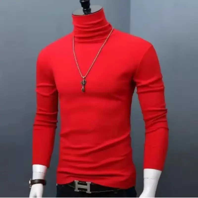 Slim Fit High Collar Long Sleeve Men's Base Shirt Inner Wear Simple Pure Color Large Size Warm Autumn Winter T-shirt Trendy Bran