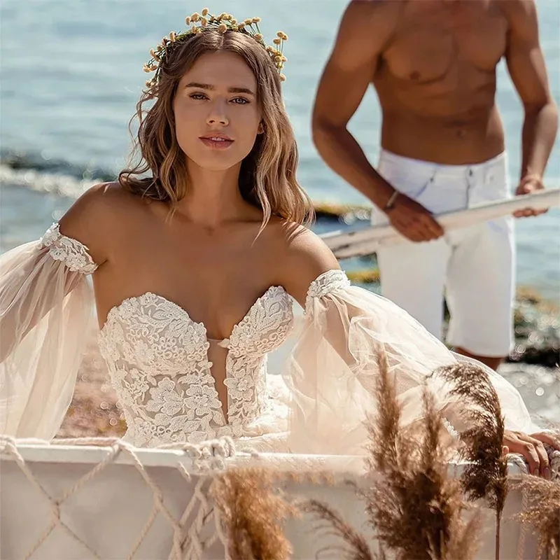 LORIE Fairy Beach abito da sposa in pizzo una linea abiti da sposa con scollo A cuore con maniche A sbuffo staccabili abiti da sposa Boho 2024