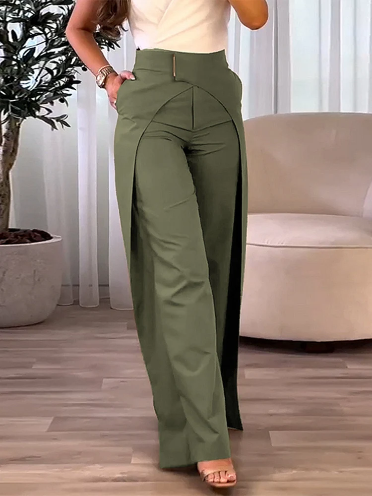 Women's Pants 2024 New Fashion Women's Casual Bottom High Waist Overlap Asymmetrical Wide Leg Pants Elegant Solid Female Trouser