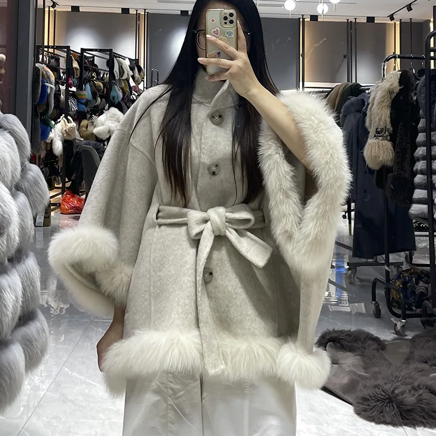 JANEFUR Women Stand Collar Woolen Cloak Coat Real Fox Fur Edge Bow Belt Winter Warm Batwing Sleeve Cape Overcoat For Ladies