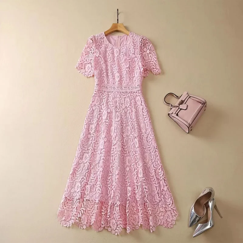 

High Quality Lace Dress 2023 Summer Fashion Style Ladies Allover Crochet Lace Embroidery Short Sleeve Mid-Calf Length Pink Dress