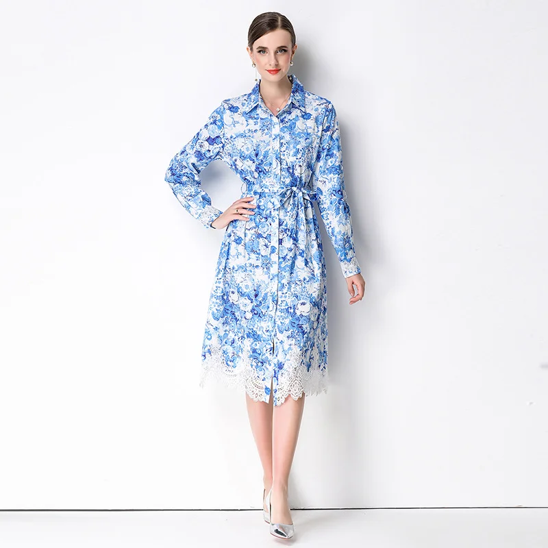 

2026 New Blue White Floral Print Shirt Dress Women‘s Lapel Long Sleeve Lace Trim Elegant Belted Waist Casual Holiday Midi Dres