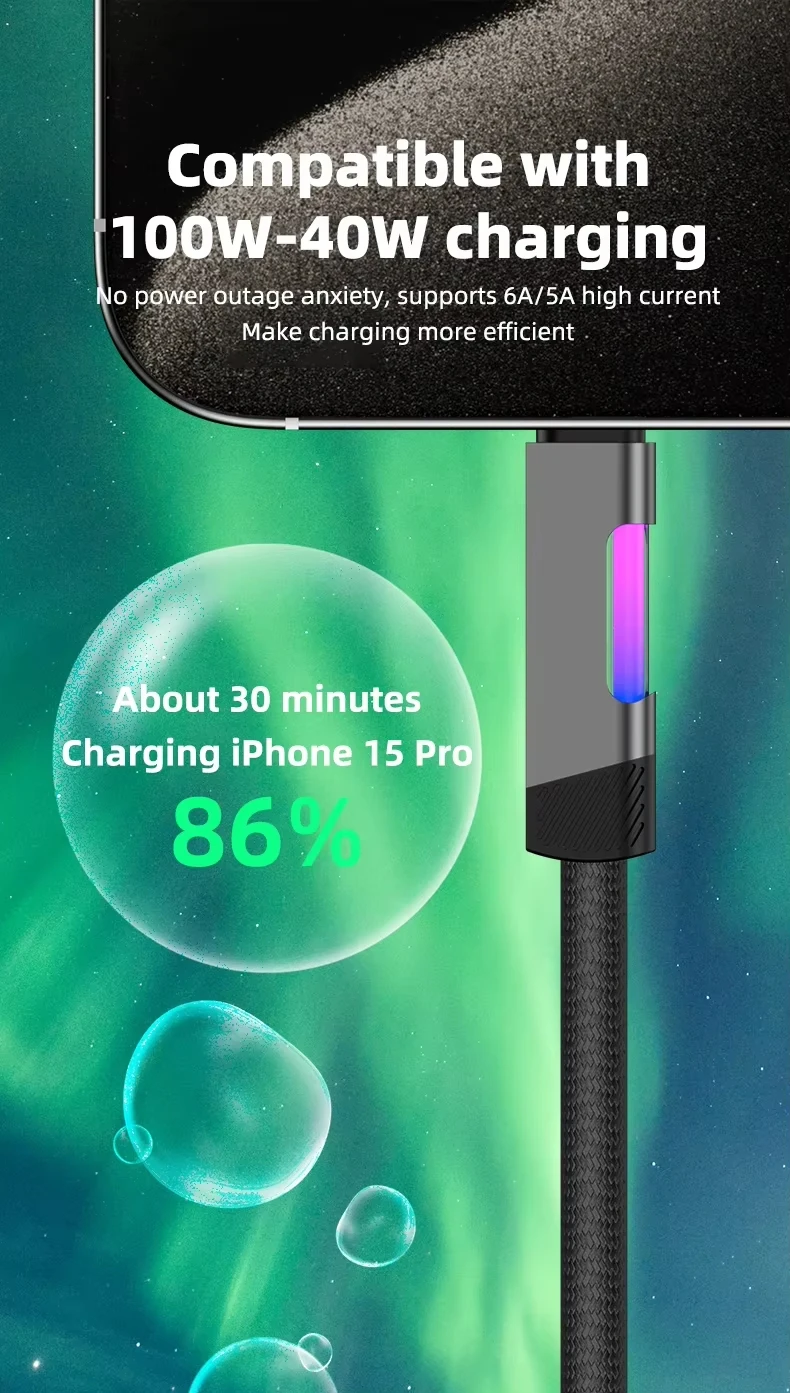NNBILI NEW RGB Fast Charging Cable 100W A-C and 60W C-C Charging Cable Fast Charging Cable, for Xiaomi Huawei OPPO Oneplus Cable