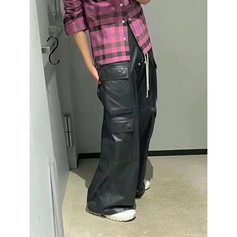 Rock Style Metal Loose Wide Leg Leather Pants Men's Casual Drawstring Trousers Harajuku Style Anti-Tear Straight Leg Pants