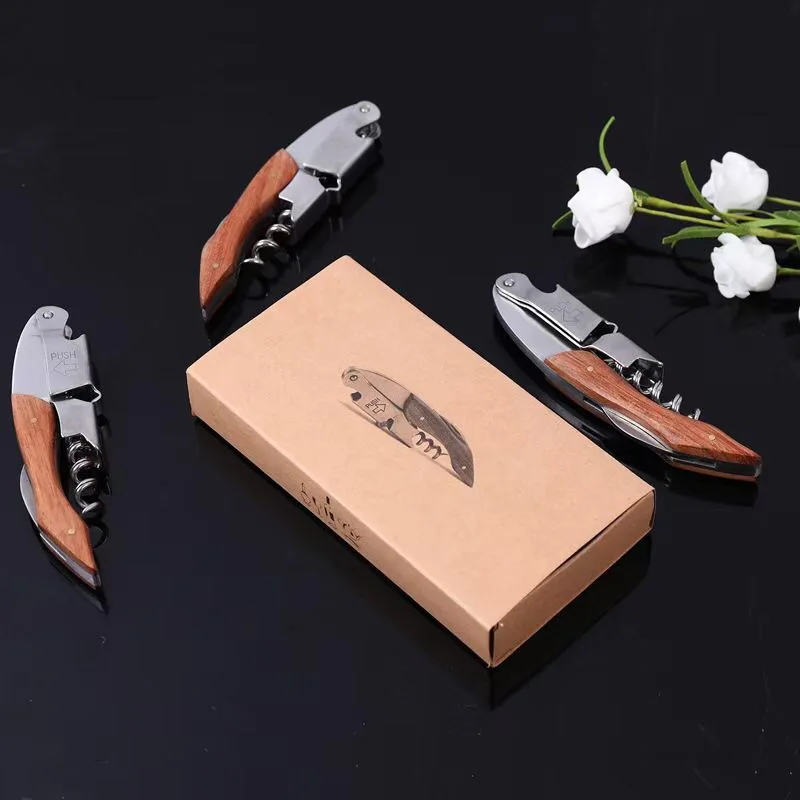 Stainless Steel red Wine Beer Bottle Opener Cork Screw wood Multi function seahorse safe cut Kitchen Bar Tools commercial gift