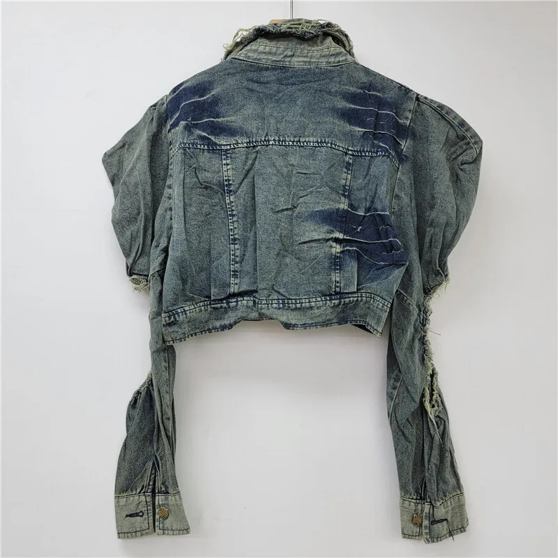 [zoci] Design Sense, Niche Personality, Trendy Brand, Vintage Bubble Sleeves, Perforated High Waisted Denim Jacket, Women's