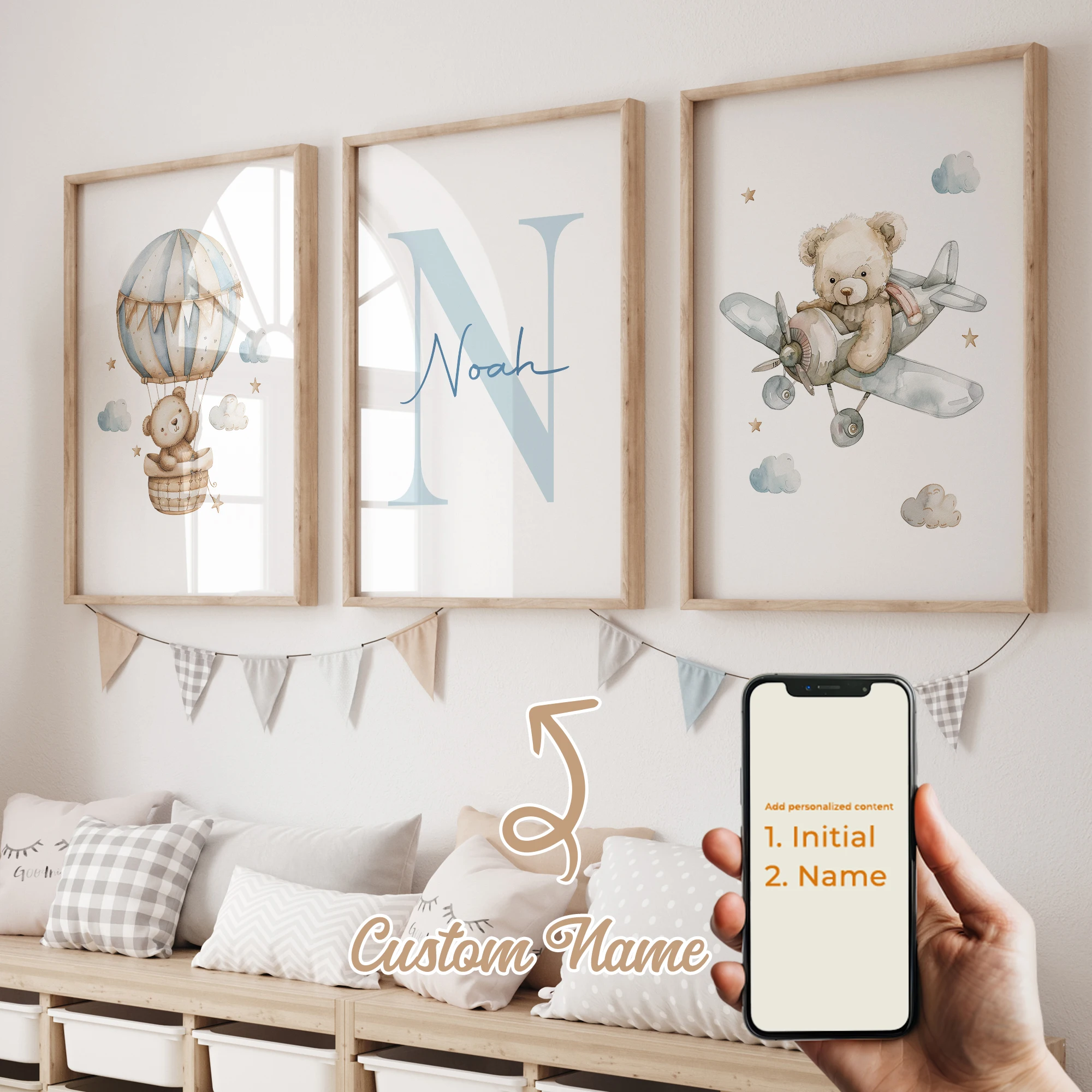 3-teiliges personalisiertes Wandbild mit Cartoon-Bär in Blau, Leinwanddruck, Poster, Gemälde für Wohnzimmer, Kinderzimmer, Heimdekoration