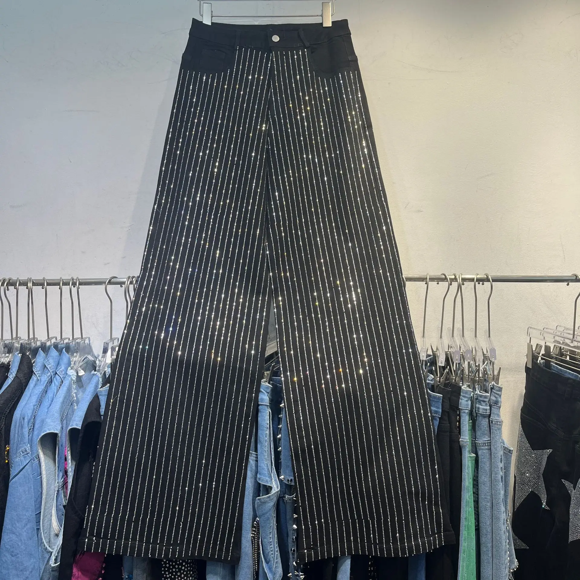 

SuperAen Vertical Striped Diamonds Jeans for Women 2025 Summer New Oversize Straight High Waist Denim Wide-leg Pants