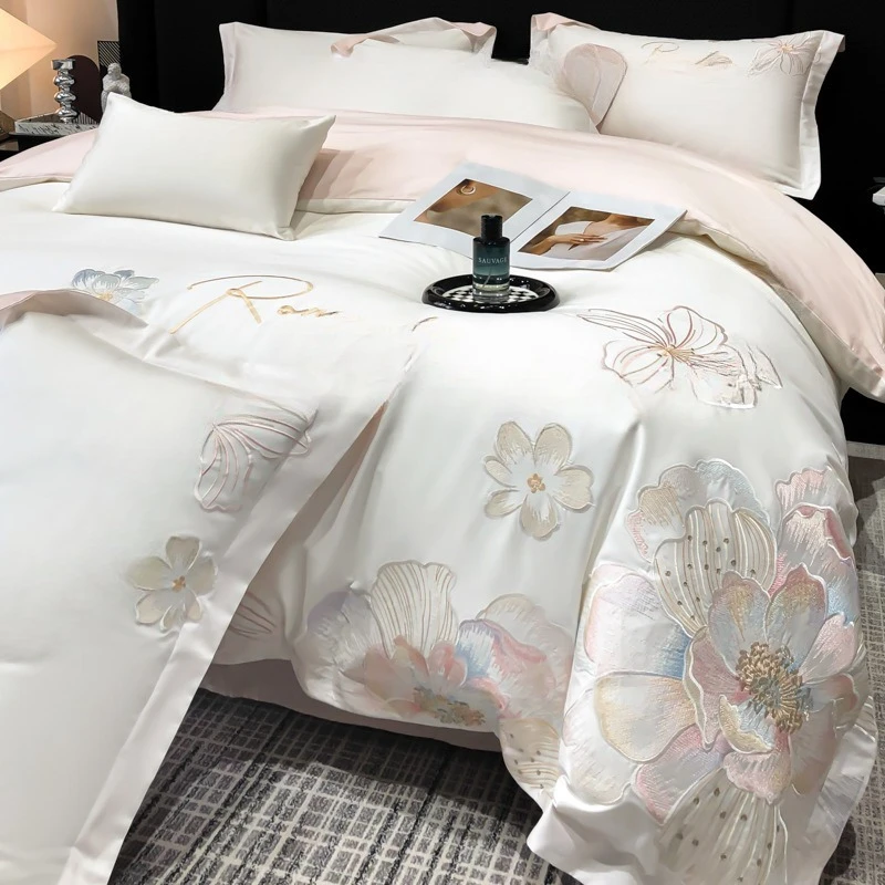Premium Class A, satin long staple cotton, four-piece set, light luxury, embroidered flower quilt cover