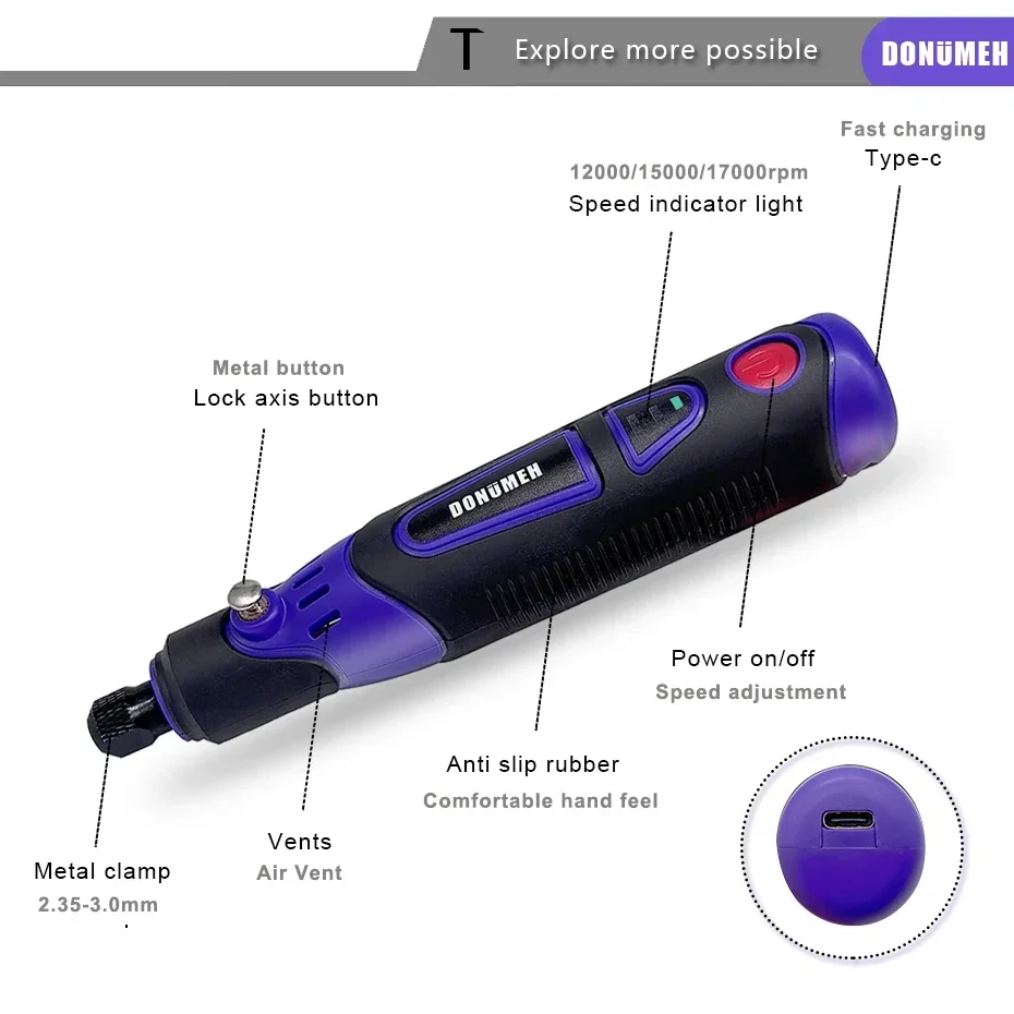 Imagem -03 - Donumeh-moedor de Broca Elétrico sem Fio Mini Caixa de Ferramentas 17000rpm Multiuso 37 v Carregamento tipo c Home Faça Você Mesmo Ferramenta Rotativa