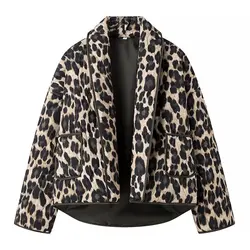 Leopard Print Cotton Coat Women Loose Lapel Patchwork Pockets Female Thick Warm Jacket 2024 Winter New Fashion Lady Outwear