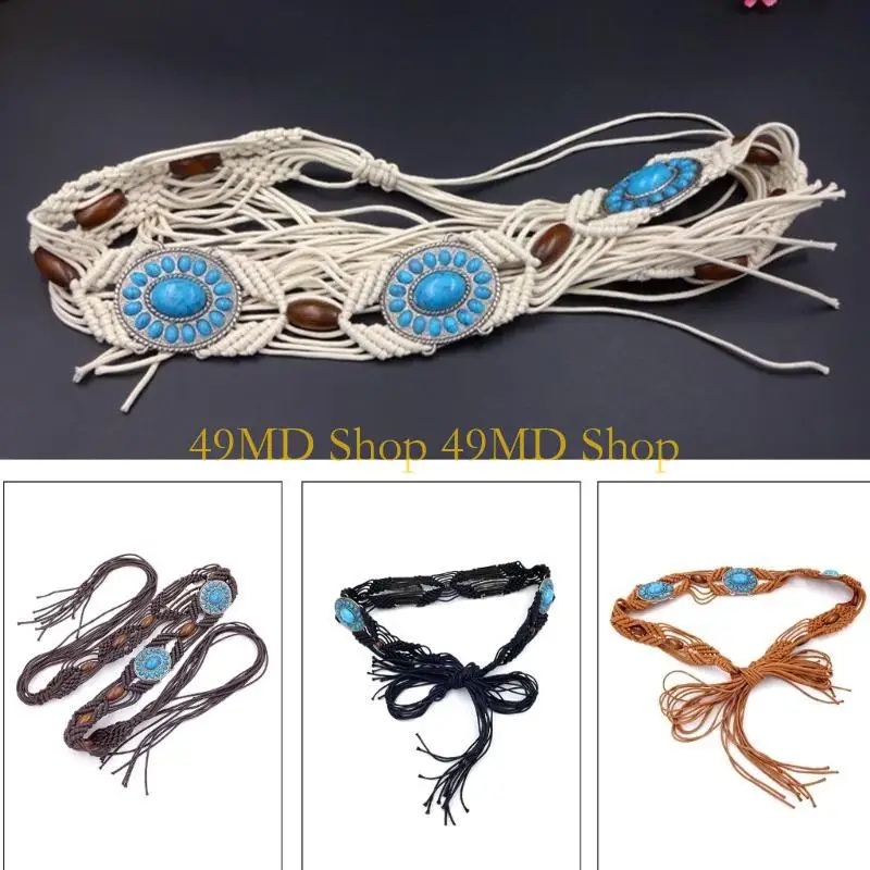 

49MD Плетеный пояс для девочек-ковбой с бусами, плетеный винтажный пояс с завязками для деревенских девушек