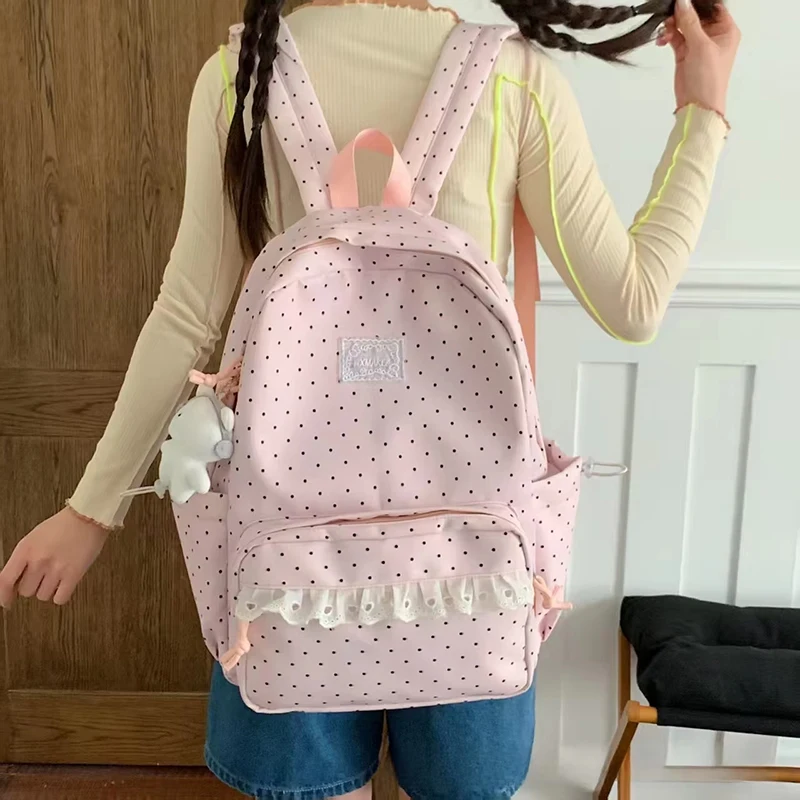Modischer Rucksack, Damen-Schulrucksack mit Polka-Dot-Muster, süßer Spitzenbesatz, koreanischer leichter Schulrucksack mit großer Kapazität für Mädchen und Studenten – Detail 14