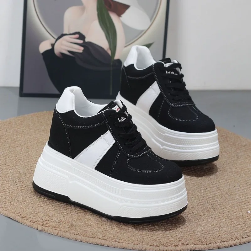 10cm Trend Leather Women Synthetic Chunky Sneakers Spring Skateboarding Casual Platform Wedge Female Autumn Vulcanize Shoes