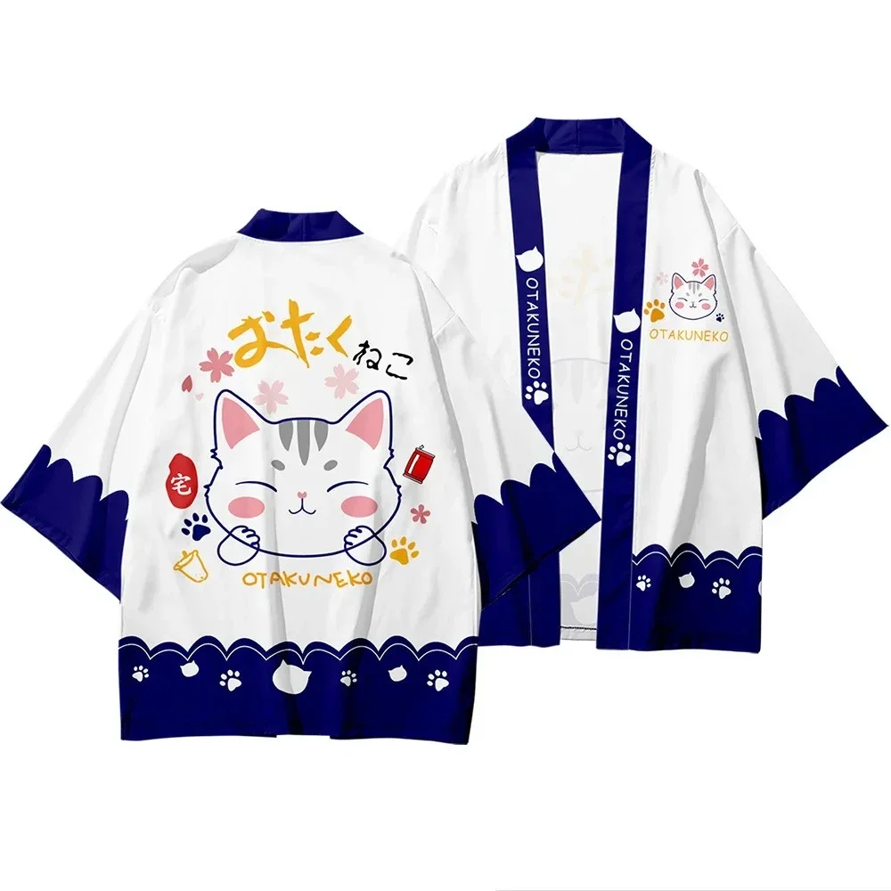 

Japanese Traditional Cartoon Lucky Cat kimono summer beach sun protection cardigan men women tops Stylish casual shirt