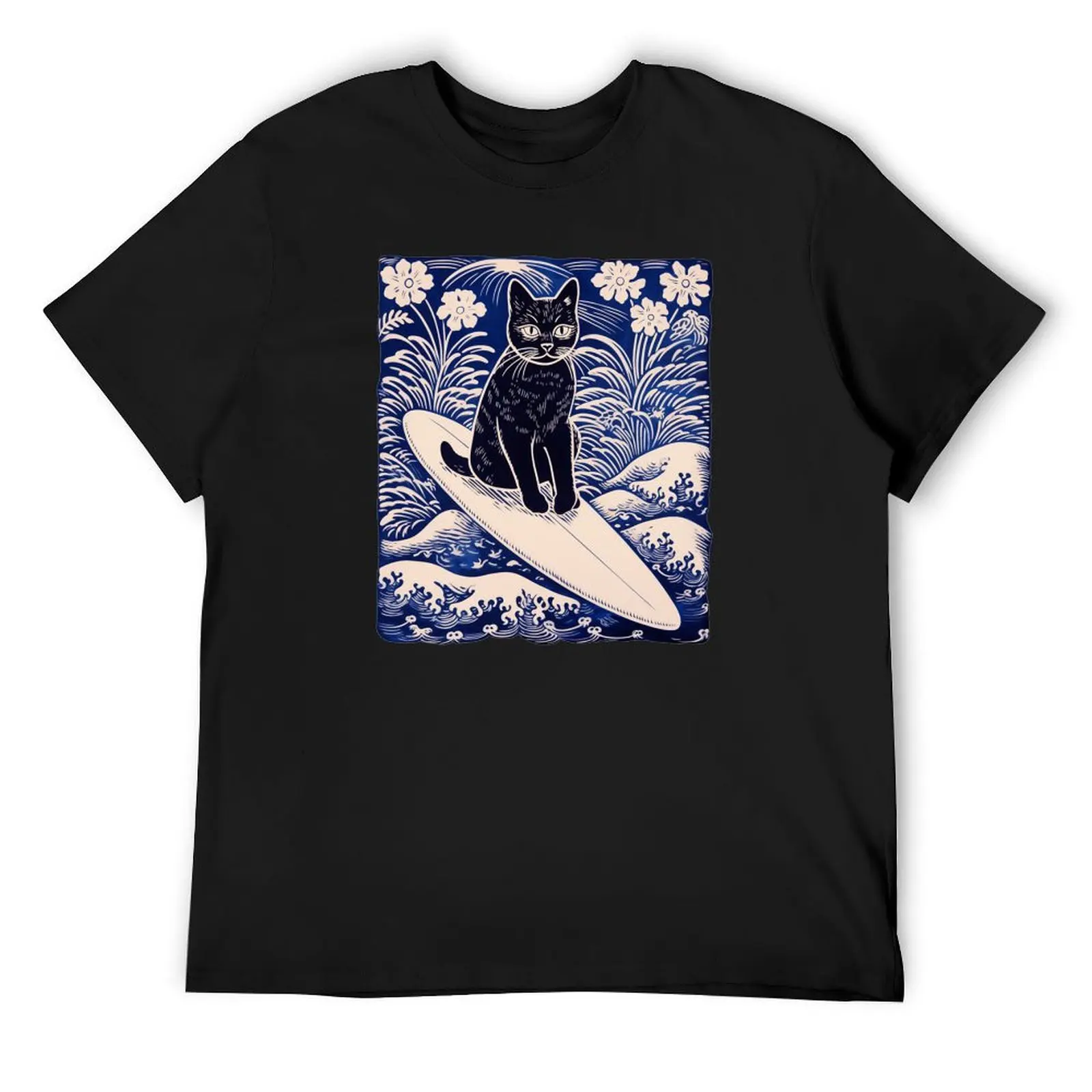 

Lino cut surf cat T-Shirt anime tshirt anime anime t shirts mens big and tall t shirts