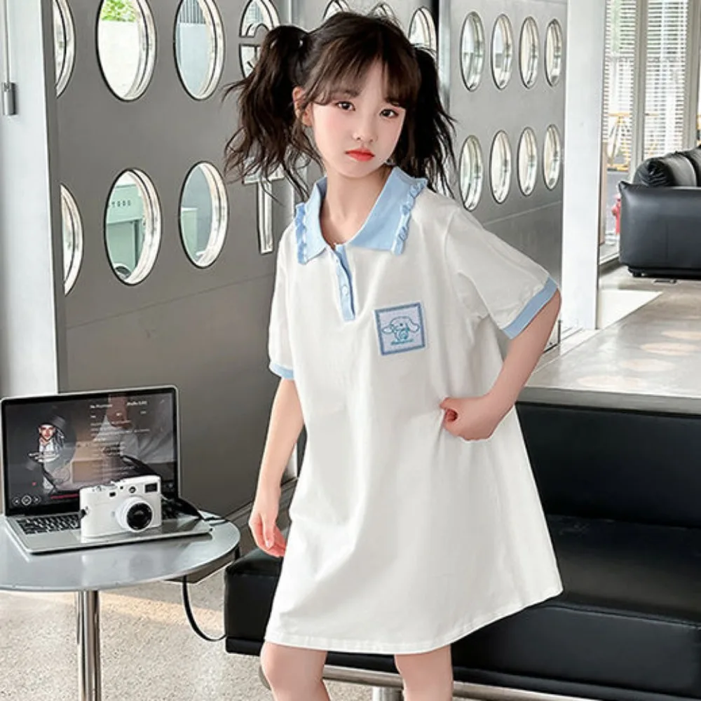 Kawaii Cinnamoroll Kid Dress Sanrio Anime Summer Short Sleeve 2024 New Girl Dress Fashion Cute Clothes