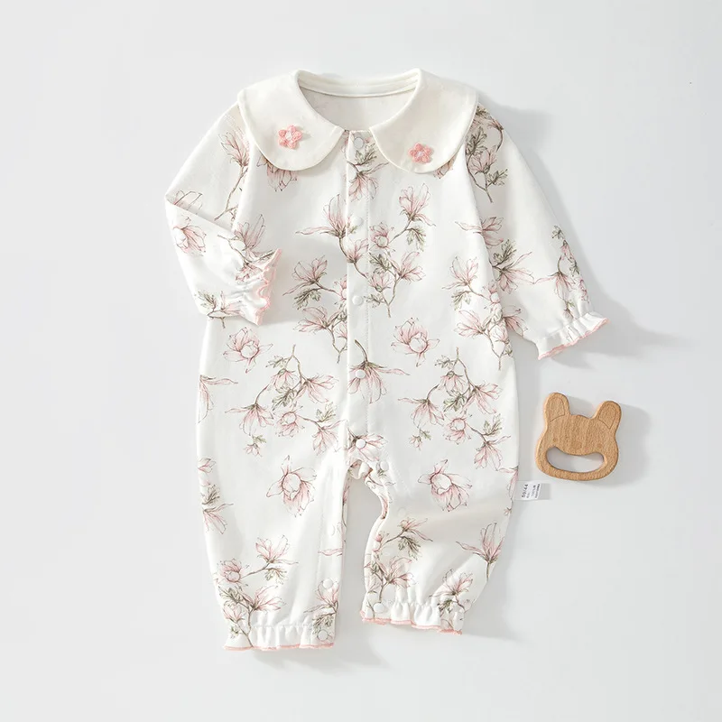 Frühlings-Herbst-Baby-Strampler aus weicher Baumwolle mit langen Ärmeln und Peter-Pan-Kragen, atmungsaktiver Blumen-Jumpsuit für Neugeborene von 0-18 Monaten. – Detail 14