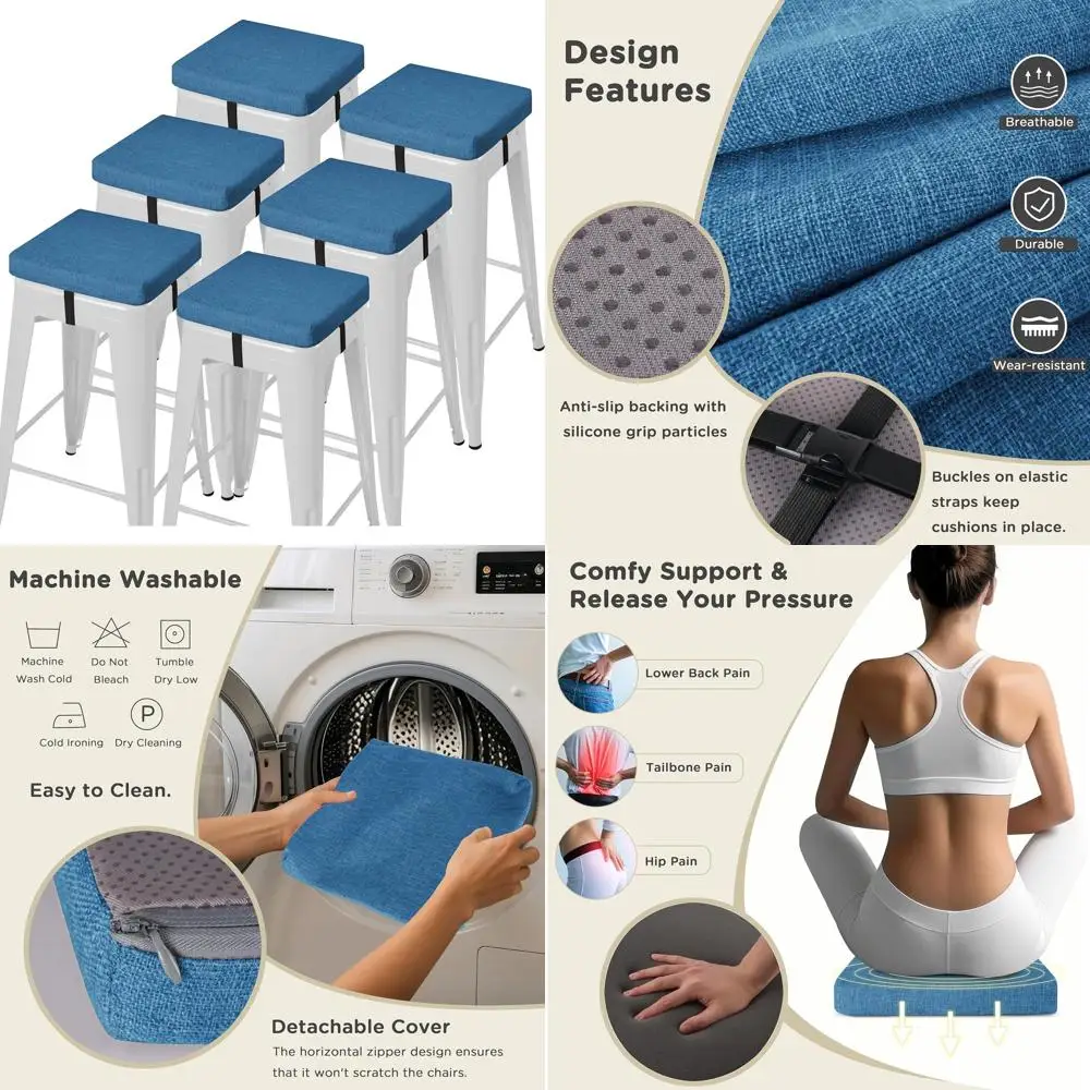 

Набор из 6 нескользящих квадратных подушек для барного стула, 12x12x2 с завязками, синие чехлы, которые можно стирать в машине