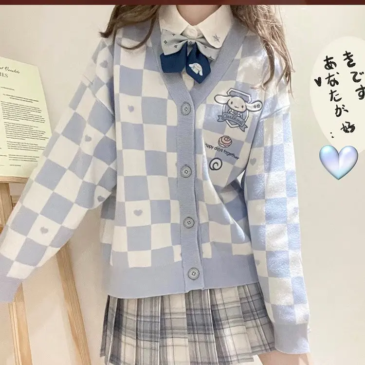 Hot Kawaii Sanrio Jk Uniforme Hello Kitty Maglione Ragazza Dolce Plaid Cinnamorollcardigan Ricamato Giacca Casual a Maniche Lunghe