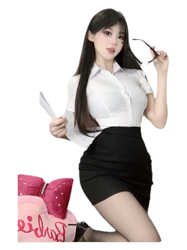

2024 New Sexy Spicy Girl Summer Pure Desire Style Campus JK Waist Up Short Sleeve White Shirt+high Waist Wrap Hip Skirt 8NPX