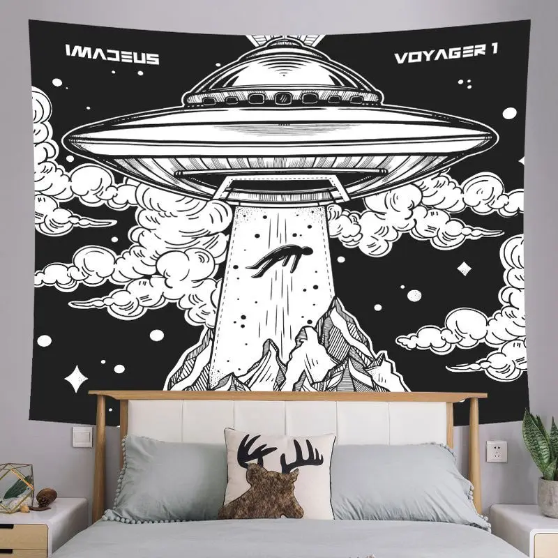 VIKAMA Black and White Skull UFO Dragonfly Tapestry, Mysterious Gothic Wall Hanging, Aesthetic Bedroom Dorm Decor