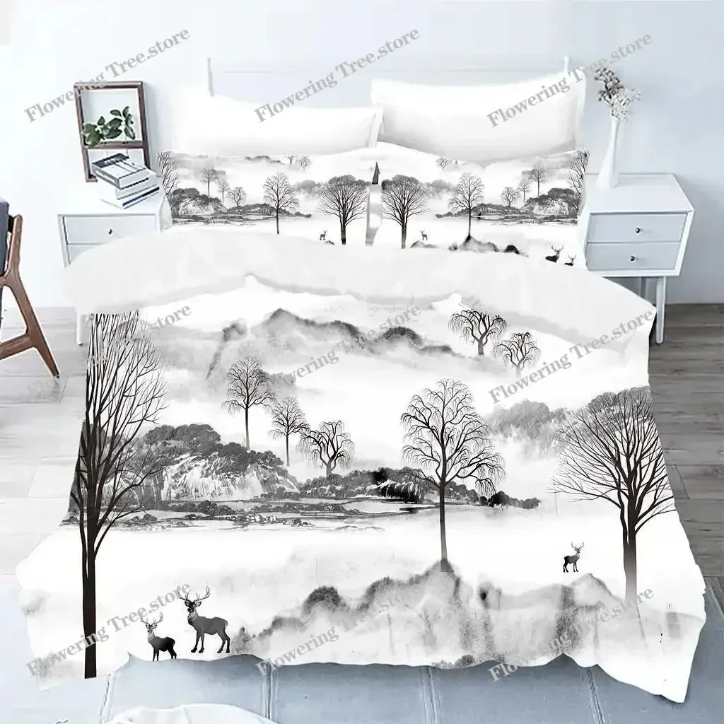 

Nature Landscape Duvet Cover KingQueen Size,Chinese Ink Painting Style Bedding Set Mountain River Polyester Quilt Cover029963