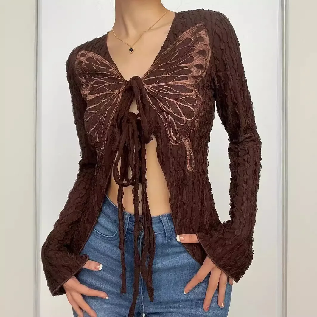 Women Shirt Primitive Tribal Girl Retro Butterfly Print Texture Material Breathable Cardigan Versatile Top Sexy Sweet Streetwear