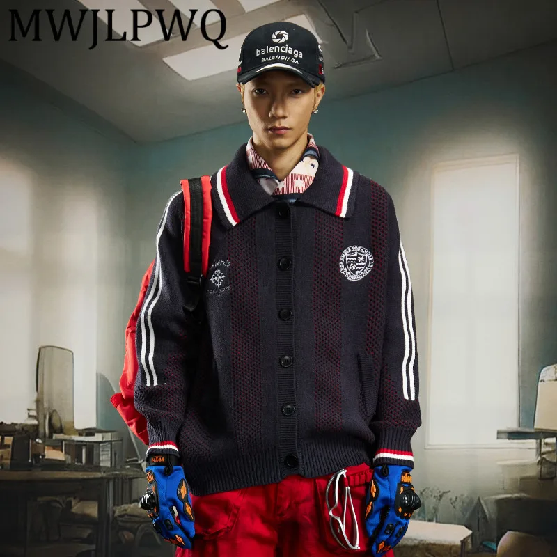 

MWJLPWQ мужской цветной спортивный стиль с лацканами, теплый вязаный свитер с вышивкой, свободный крой, повседневные топы унисекс, осень-зима 12617