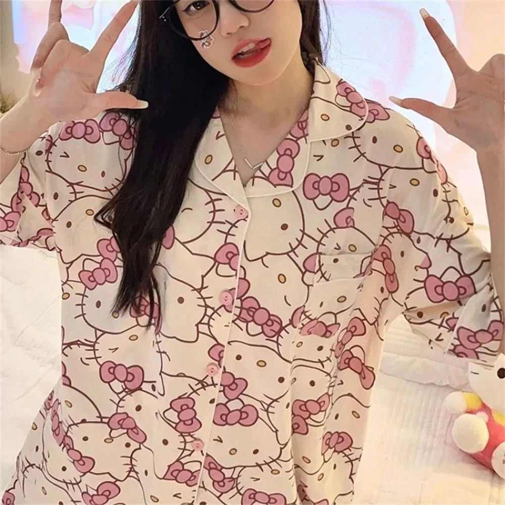 Sanrios Hello Kitty Short Section Ladies Pyjamas Set Pyjamas Women Summer Kawaii Cartoon Loose Pajamas Pajama Trousers Set