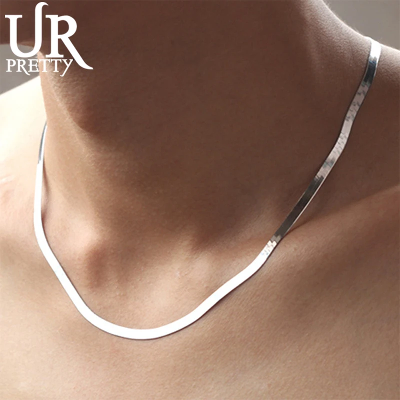 

URPRETTY 925 Silver Necklace 4MM 8/18/20/22/24 Inch Snake Chain Men & Women Couple Sterling Silver Jewelry Blade Chain Jewelry